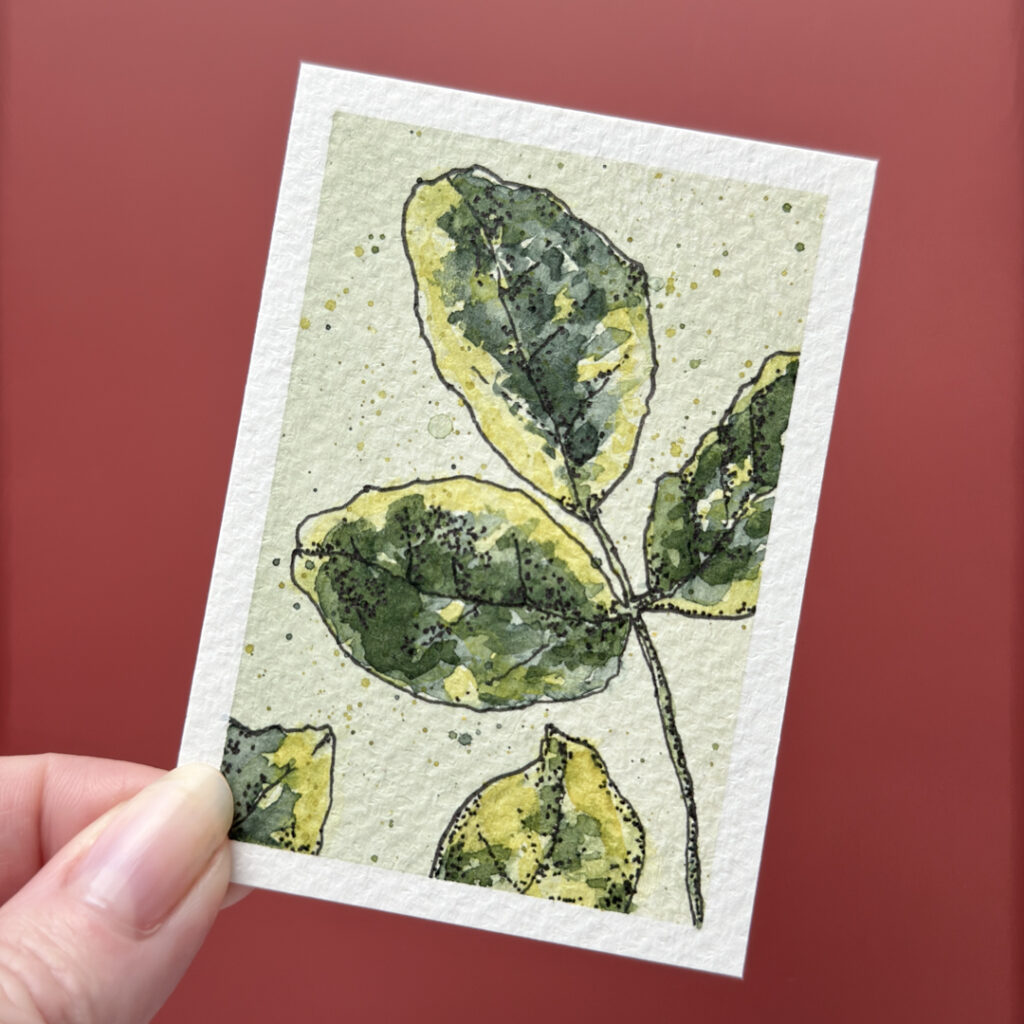 lush green leaves watercolor mini original watercolor painting